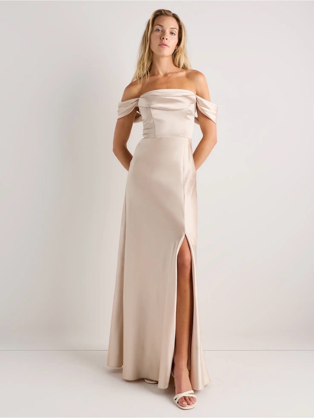 Off-Shoulder Satin Evening Gown in Champagne